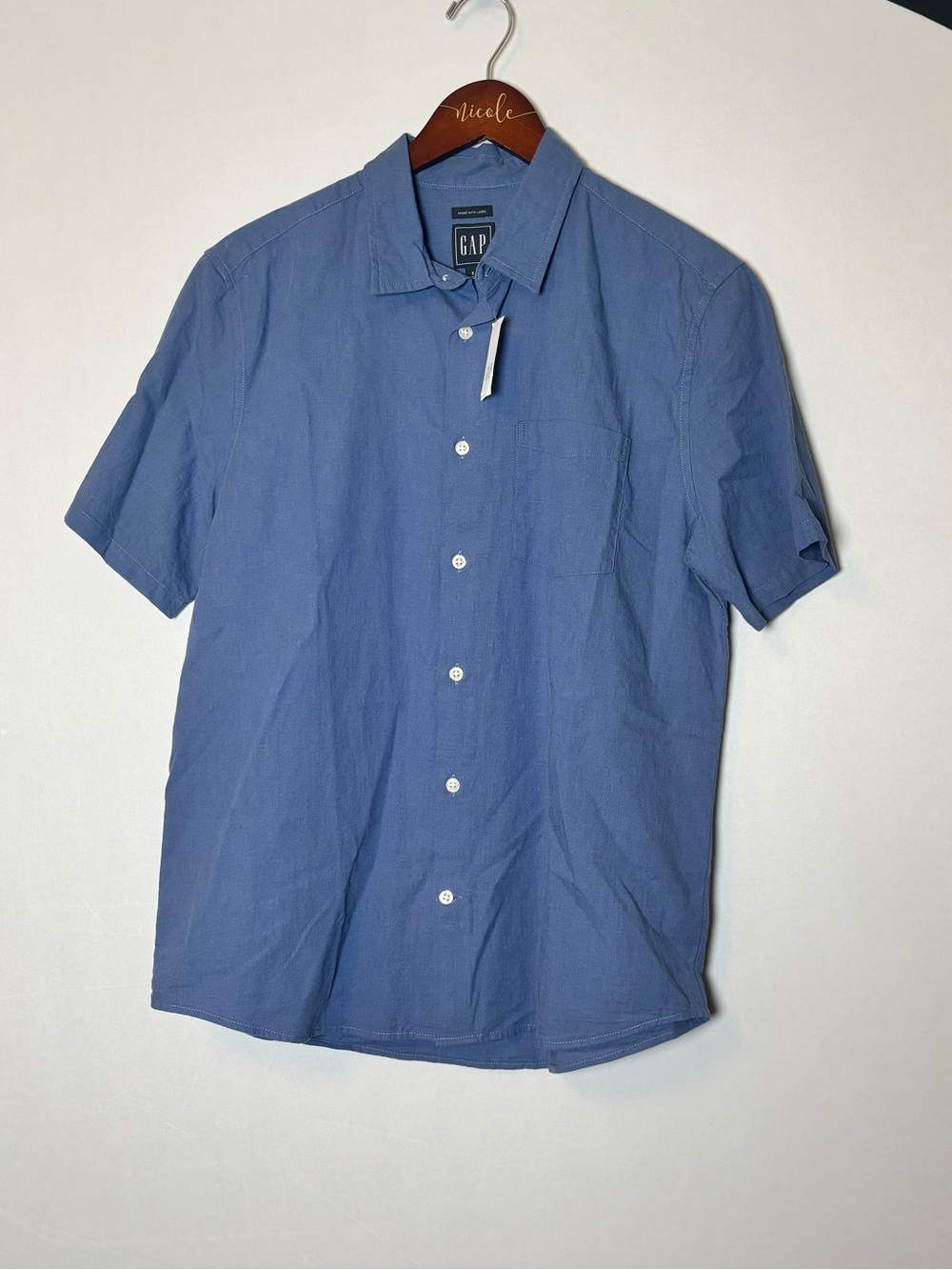 NWT GAP Men's Short-Sleeve Button-Up Shirt Blue Linen Blend Sz Small